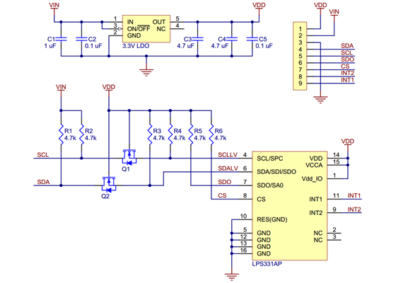 LPS331AP pressure/altitude sensor carrier with voltage regulator schematic diagram.