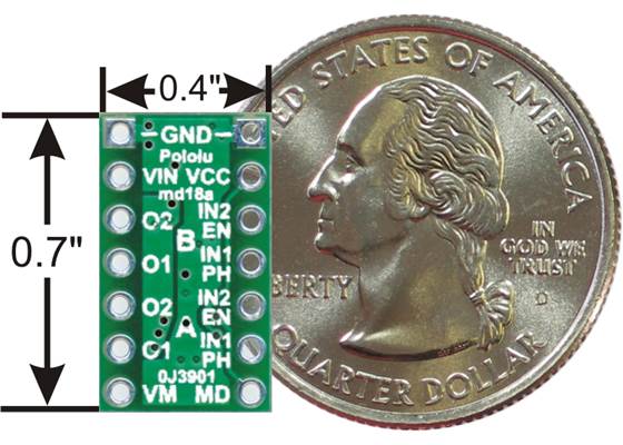 DRV8835 dual motor driver carrier, bottom view with dimensions.