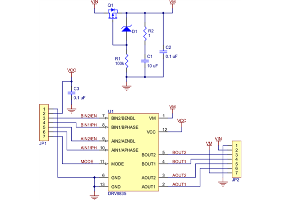 Schematic of the DRV8835 dual motor driver carrier.