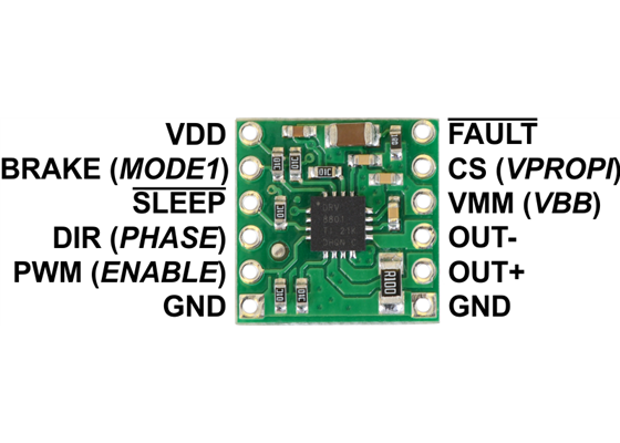 DRV8801 single brushed DC motor driver carrier, labeled top view.