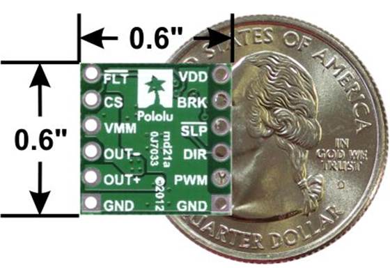 DRV8801 single brushed DC motor driver carrier with dimensions.
