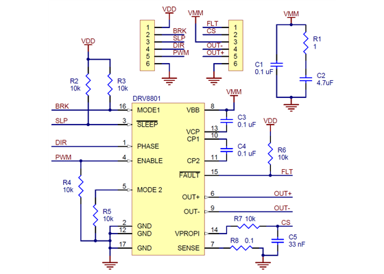 Schematic diagram for the DRV8801 single brushed DC motor driver carrier.