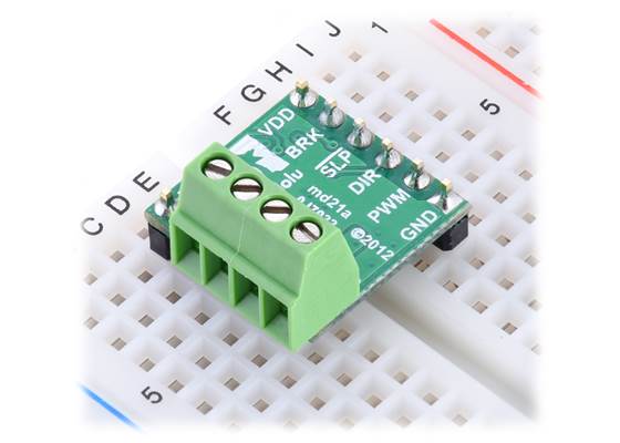 Using a 4-pin 0.1″ screw terminal block for the motor and motor power connections on the #2136 DRV8801 dual motor driver carrier.