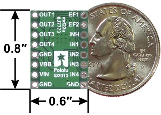 A4990 dual motor driver carrier, bottom view with dimensions.