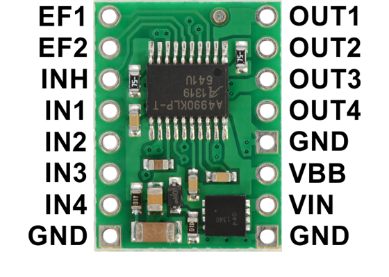 A4990 dual motor driver carrier, labeled top view.