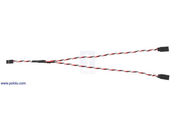 Twisted servo Y splitter cable 12&quot; female &#8211; 2x male, fully extended.