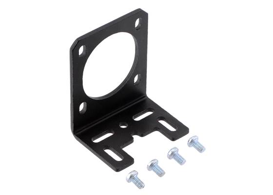 Pololu stamped aluminum L-bracket for NEMA 14 stepper motors with included M3 screws.