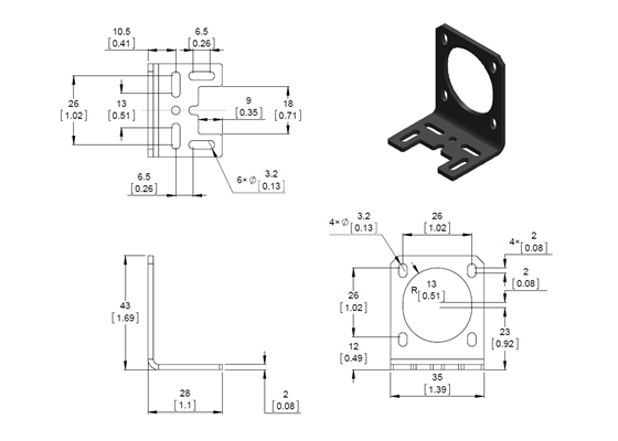 Dimension diagram of the Pololu stamped aluminum L-bracket for NEMA 14 stepper motors.  Units are mm over [inches].