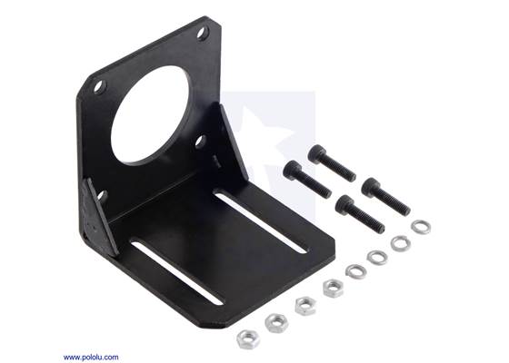 Steel L-bracket for NEMA&nbsp;23 stepper motors with included hardware.