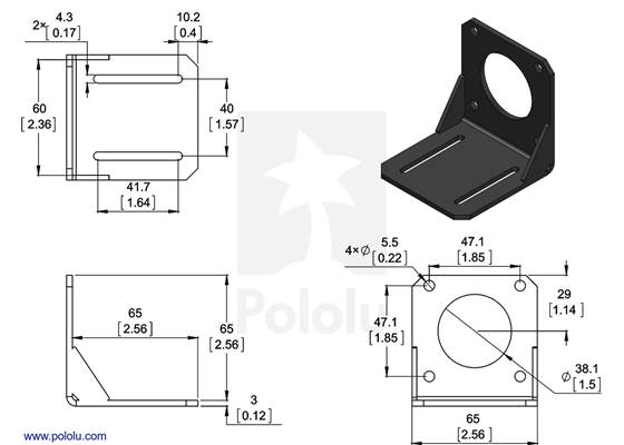 Dimension diagram of steel L-bracket for NEMA&nbsp;23 stepper motors. Units are mm over [inches].