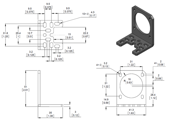 Dimension diagram of the Pololu stamped aluminum L-bracket for NEMA 17 stepper motors.  Units are mm over [inches].