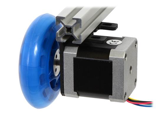 A stepper motor connected to a scooter wheel by the 5&nbsp;mm scooter wheel adapter.
