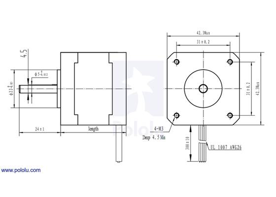 Dimensions (in mm) of 42.3mm square stepper motors.