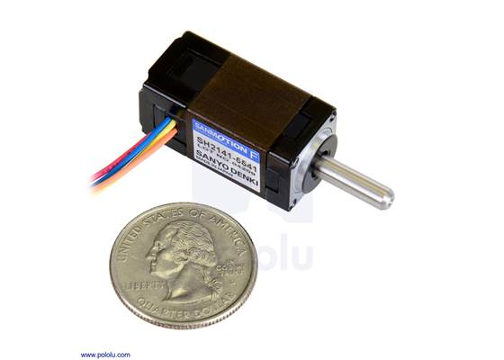 Sanyo miniature stepper motor: bipolar, 200 steps/rev, 14x30mm, 6.3V, 300mA, single shaft (SH2141-5541).