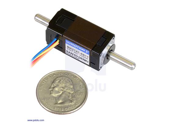 Sanyo miniature stepper motor: bipolar, 200 steps/rev, 14x30mm, 6.3V, 300mA, double shaft (SH2141-5511).