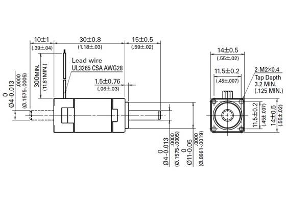 Dimensions (in mm) of the Sanyo miniature (14x30mm) stepper motor.