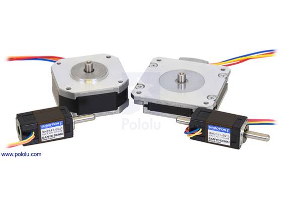 Sanyo stepper motors; from left to right: 14mm single shaft, 42x18.6mm, 50x11mm, 14mm double shaft