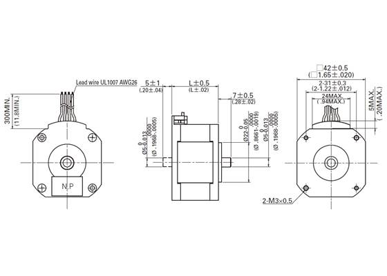Dimensions (in mm) of the Sanyo 42mm pancake stepper motors.