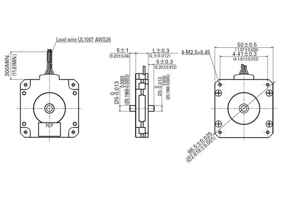 Dimensions (in mm) of the Sanyo 50x11mm pancake stepper motor.