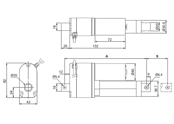 Dimensions of Glideforce LD linear actuators with feedback.  Units are mm.
