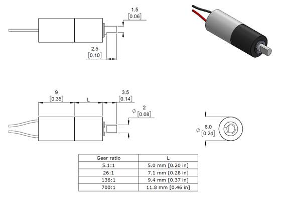 Dimensions of the Sub-Micro Plastic Planetary Gearmotors.  Units are mm over [inches].