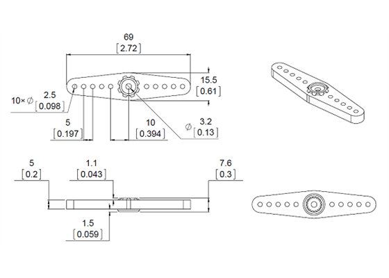 Dimensions (mm over inches) of the metal servo horn for the Power HD giant servo HD-1235MG.