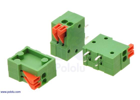 Screwless terminal blocks: 2-pin, 0.1″ pitch, side entry.