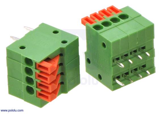 Screwless terminal blocks: 4-pin, 0.1″ pitch, side entry.