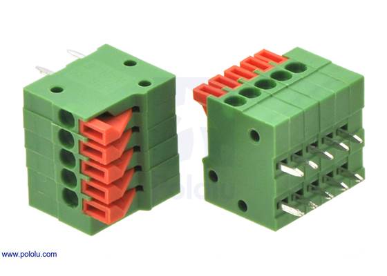 Screwless terminal blocks: 5-pin, 0.1″ pitch, side entry.