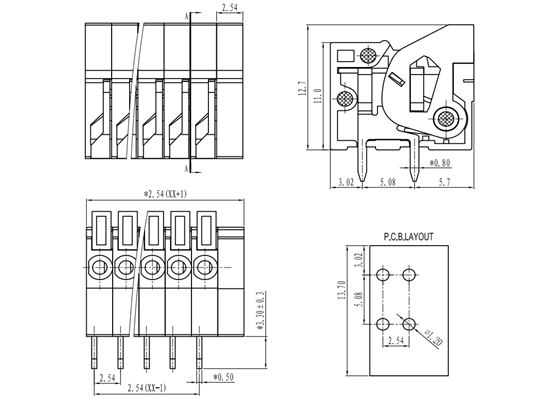 Screwless terminal block: 0.1″ pitch, side entry.