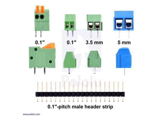 Side-by-side comparison of our different terminal blocks with a 0.1″ male header strip for size reference.  From left to right: 0.1″ screwless, 0.1″ screw, 3.5&nbsp;mm screw, and 5&nbsp;mm screw.