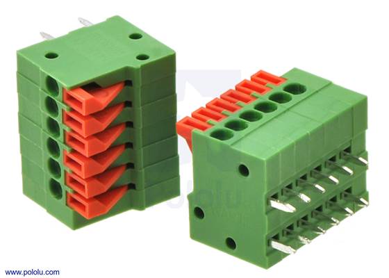 Screwless terminal blocks: 6-pin, 0.1″ pitch, side entry.