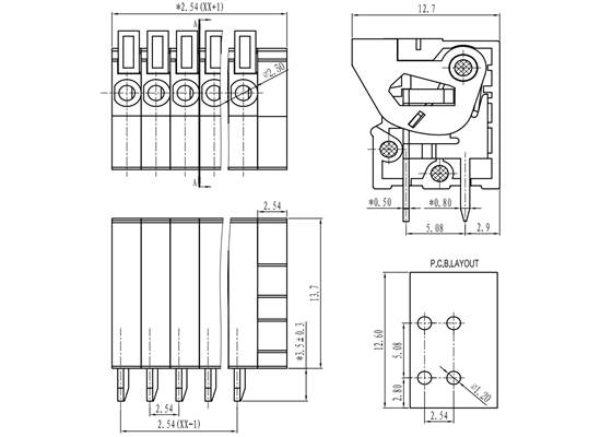 Screwless terminal block: 0.1″ pitch, top entry.