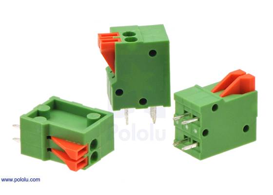 Screwless terminal blocks: 2-pin, 0.1″ pitch, top entry.