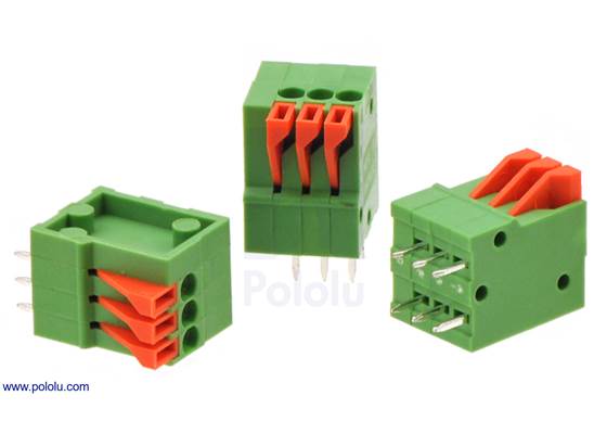 Screwless terminal blocks: 3-pin, 0.1″ pitch, top entry.
