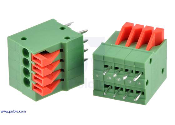 Screwless terminal blocks: 4-pin, 0.1″ pitch, top entry.