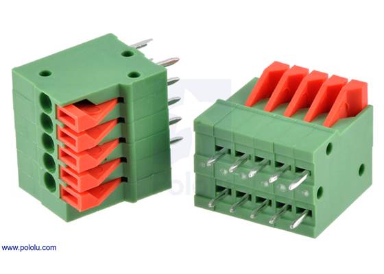 Screwless terminal blocks: 5-pin, 0.1″ pitch, top entry.