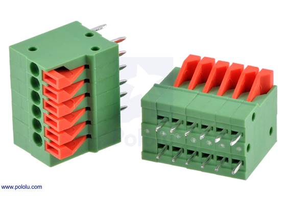 Screwless terminal blocks: 6-pin, 0.1″ pitch, top entry.