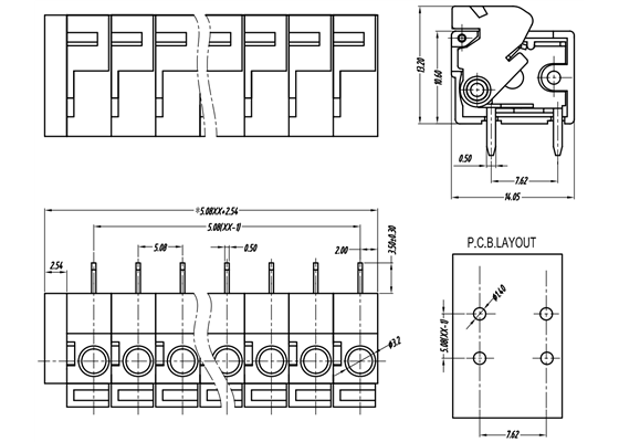 Screwless terminal block: 0.2″ pitch, side entry.
