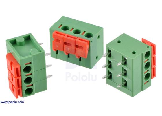 Screwless terminal blocks: 3-pin, 0.2″ pitch, side entry.