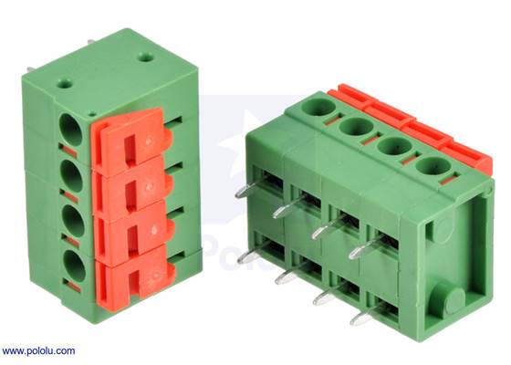Screwless terminal blocks: 4-pin, 0.2″ pitch, side entry.