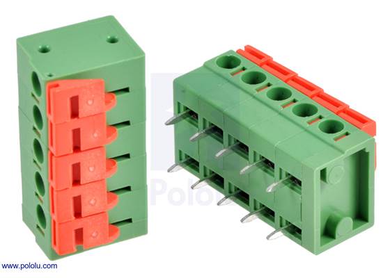 Screwless terminal blocks: 5-pin, 0.2″ pitch, side entry.
