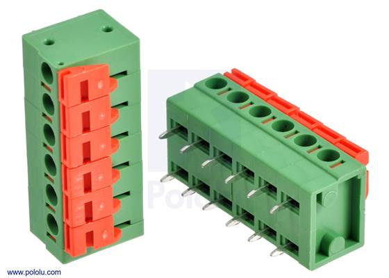 Screwless terminal blocks: 6-pin, 0.2″ pitch, side entry.