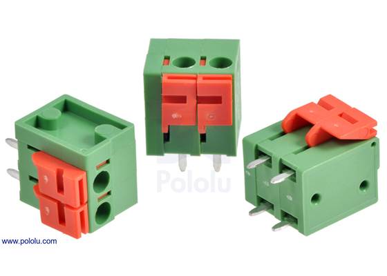 Screwless terminal blocks: 2-pin, 0.2″ pitch, top entry.