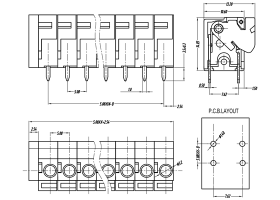 Screwless terminal block: 0.2″ pitch, top entry.