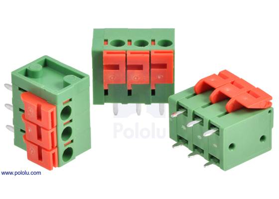 Screwless terminal blocks: 3-pin, 0.2″ pitch, top entry.