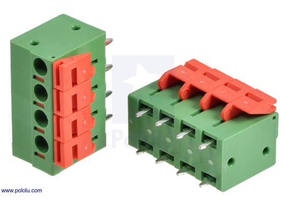Screwless terminal blocks: 4-pin, 0.2″ pitch, top entry.