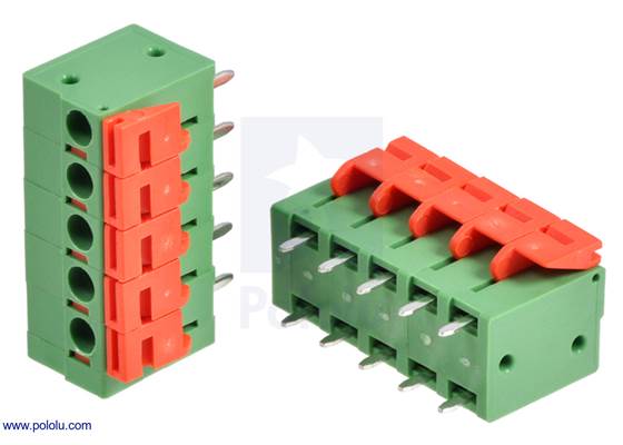 Screwless terminal blocks: 5-pin, 0.2″ pitch, top entry.