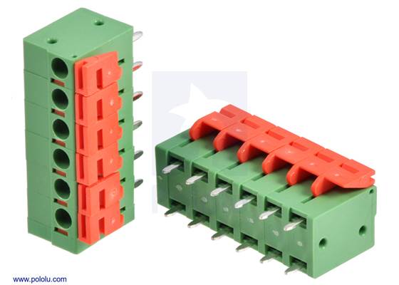 Screwless terminal blocks: 6-pin, 0.2″ pitch, top entry.