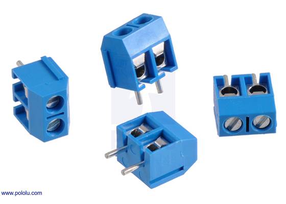 Screw terminal blocks: 2-pin, 5 mm pitch, side entry.